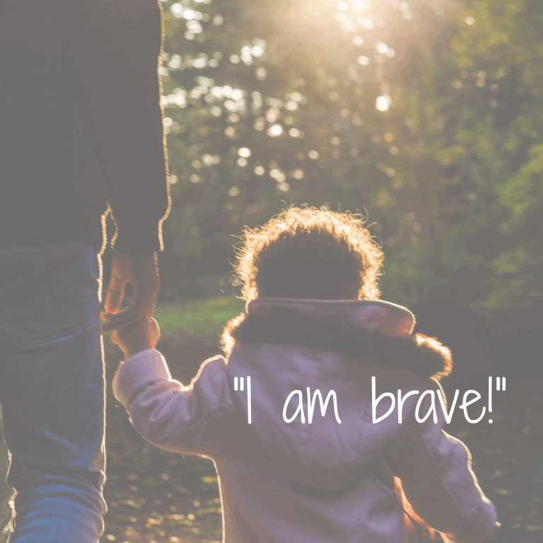 A child holding their parent's hand walking to school and the words I am brave.