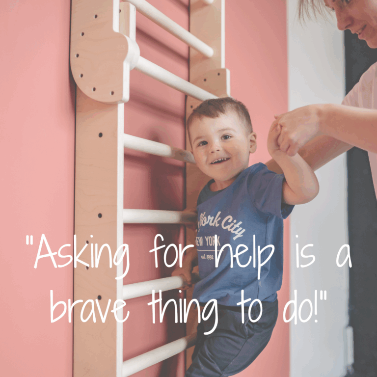 An image of a child asking for help to climb the wall bar at nursery.
