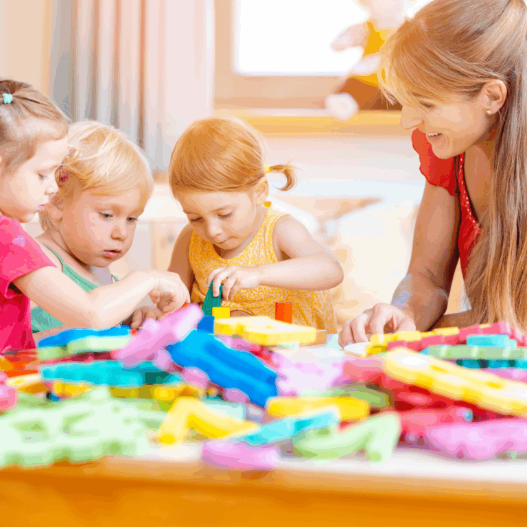 A practitioner playing alongside 2 year old children in the nursery setting