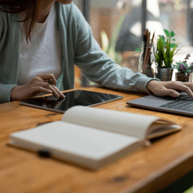 A woman at a desk with a laptop and ipad engaged in an online training course