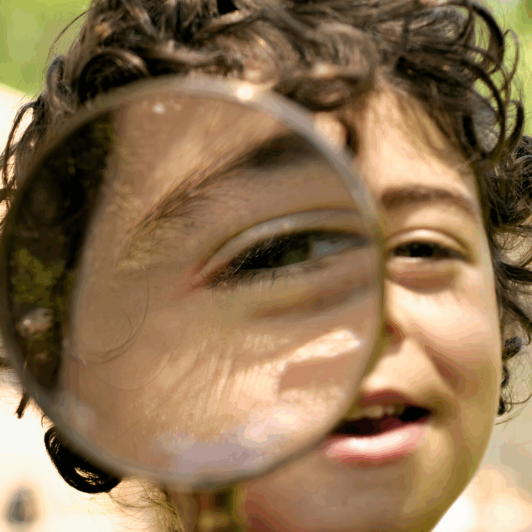 A child looking though a magnifying glass