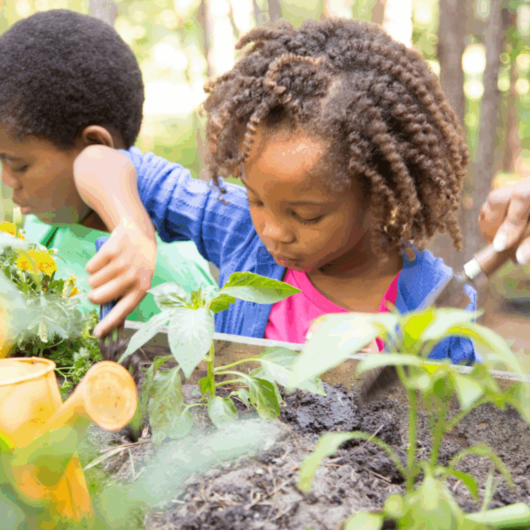 An image of 2 preschoolers engaged in outdoor activity of watering and planting seeds