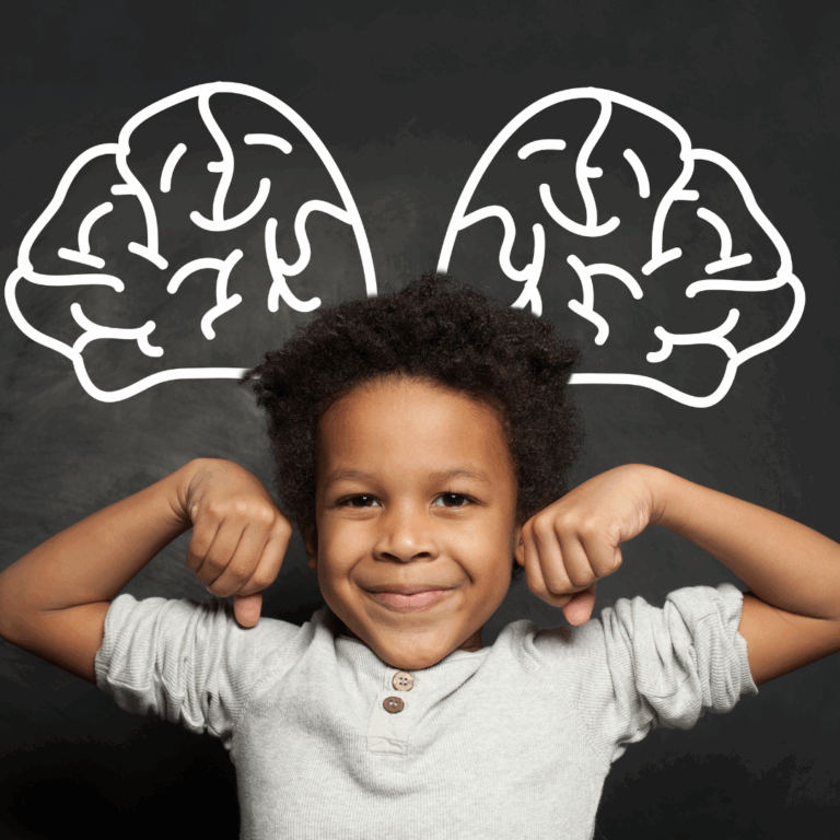 A child with arms flexed to show strength against a background of a chalkboard with an chalked drawing of a human brain like a cartoon