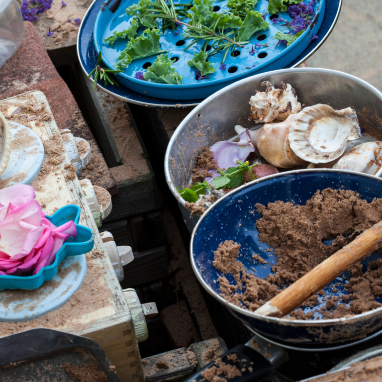 A collection of natural items for sorting, mixing and weighing in the mud kitchen