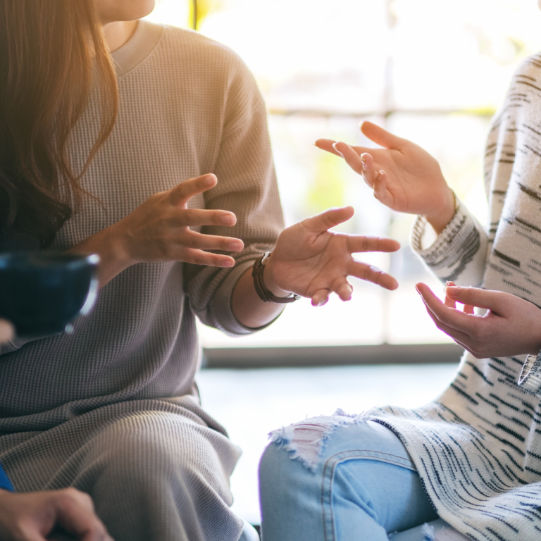 An image of 2 women chatting together