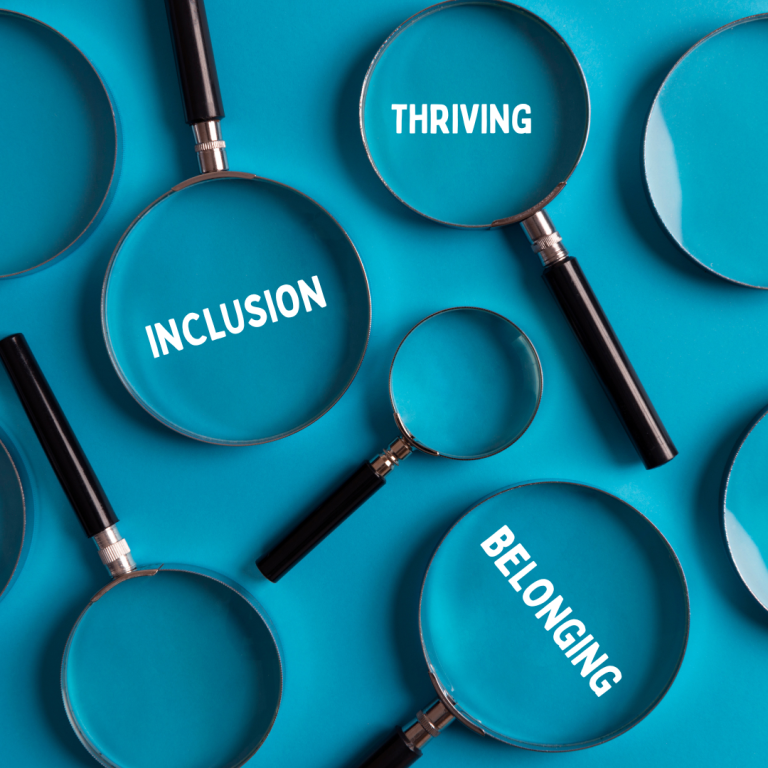 A series of magnifying glasses with the words: Inclusion. Belonging and Thriving