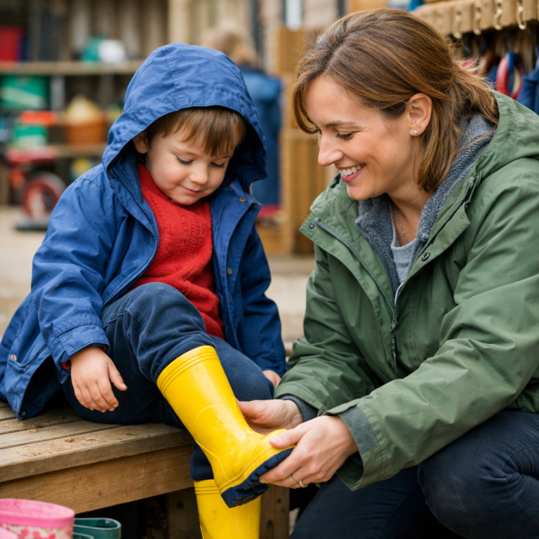 An adult helping a child put their wellies on