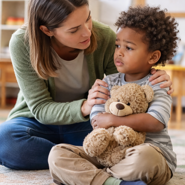 An adult supporting a toddler to emotionally regulate