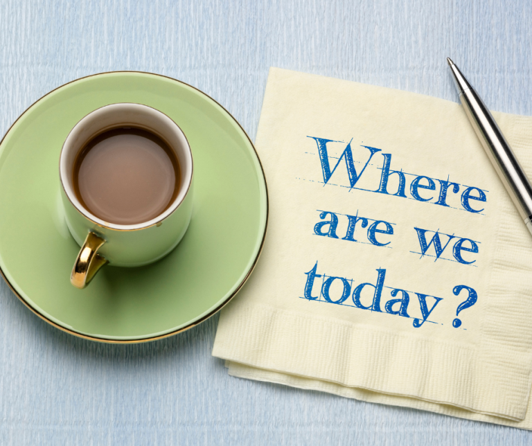 An image of a cup and a napkin with the words Where are we today? written on it