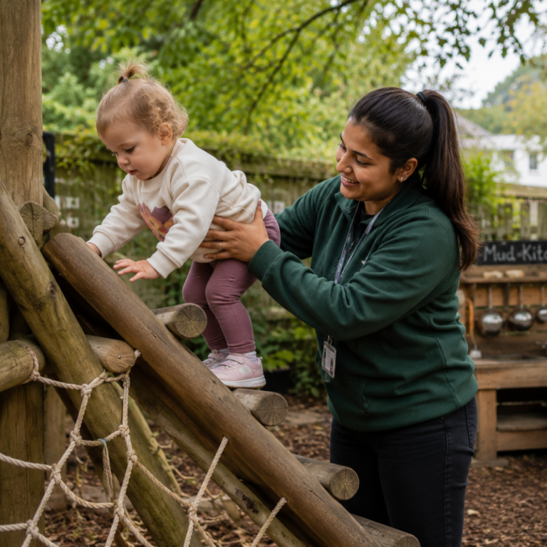 A preschool teacher assisting a toddler to climb safely