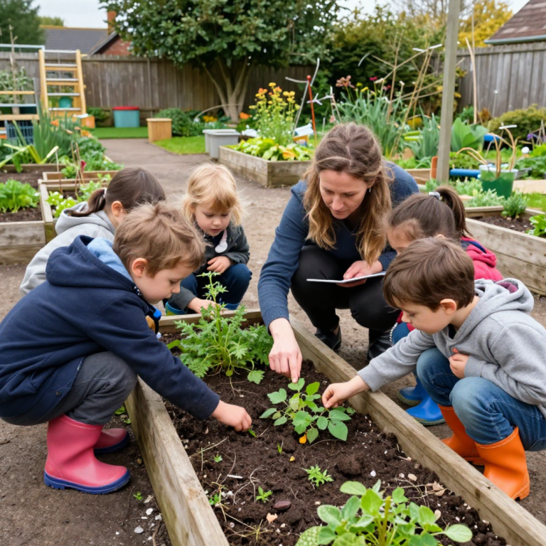A nursery practitioner and a group of preschoolers in the garden caring for plants
