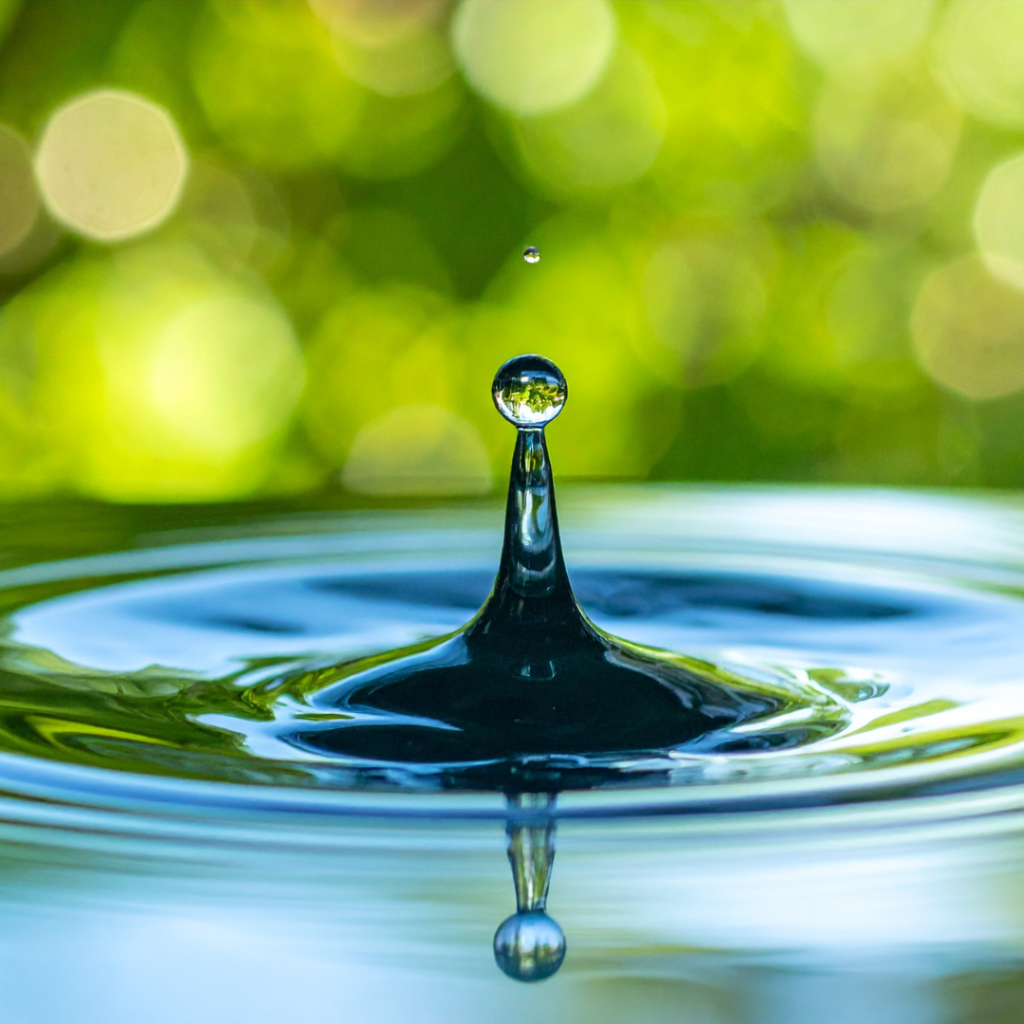 An image of a droplet of water hitting a pond and creating ripples